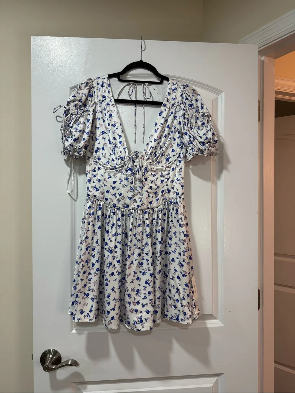 For Love & Lemons Paulina Corset White Mini Dress with Blue Floral Print - M - Picture 7 of 13